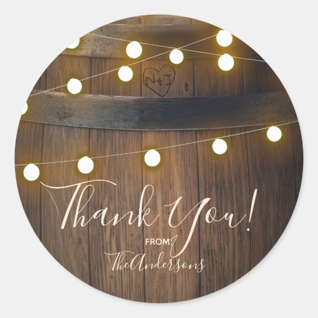 Wooden Barrel Carved Heart Lights Rustic Favour Classic Round Sticker (Front)