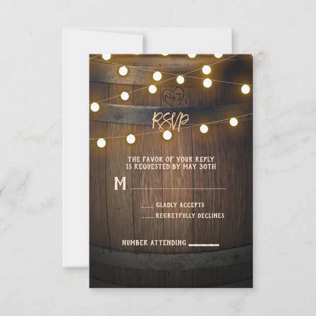 Wooden Barrel Carved Heart Lights Rustic RSVP Card (Front)