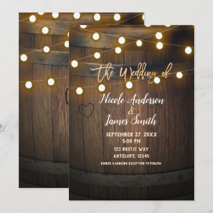 Wooden Barrel Carved Heart & Lights Rustic Wedding Invitation