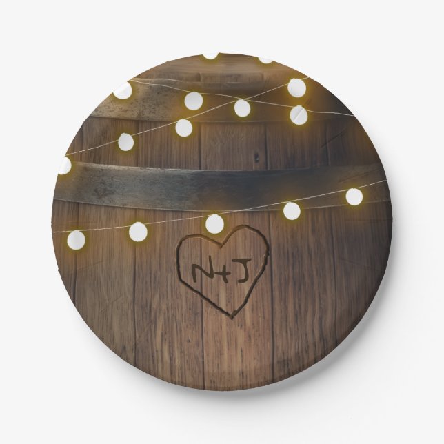 Wooden Barrel Carved Heart Lights Rustic Wedding Paper Plate (Front)