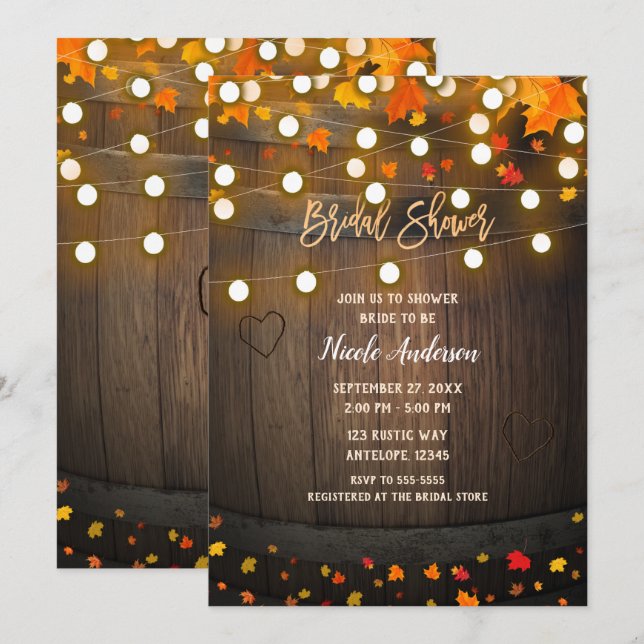 Wooden Barrel Fall Leaves & Lights Bridal Shower Invitation (Front/Back)