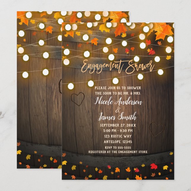 Wooden Barrel Fall Leaves Lights Engagement Shower Invitation (Front/Back)