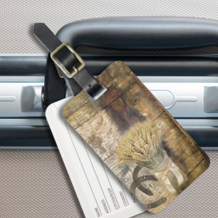 Wooden Barrel western country horseshoe wheat Luggage Tag