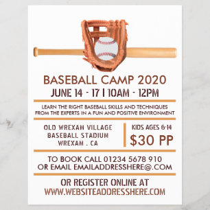 Wooden Baseball Bat & Gear, Baseball Camp Advert  Flyer