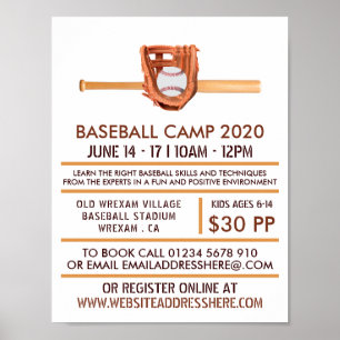 Wooden Baseball Bat & Gear, Baseball Camp Advert Poster