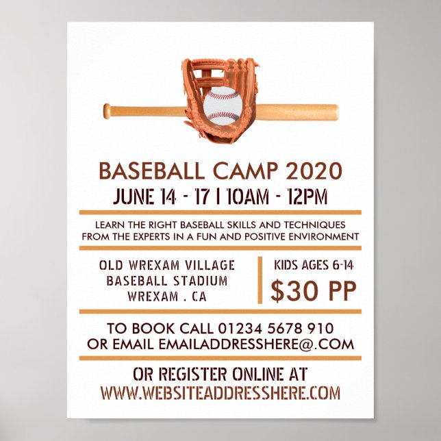 Wooden Baseball Bat & Gear, Baseball Camp Advert Poster (Front)