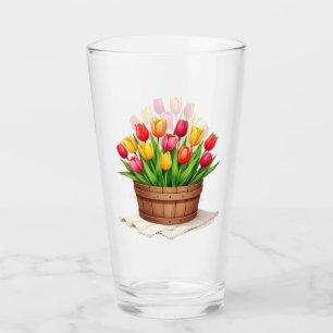 Wooden Basket Filled With Tulips Glass