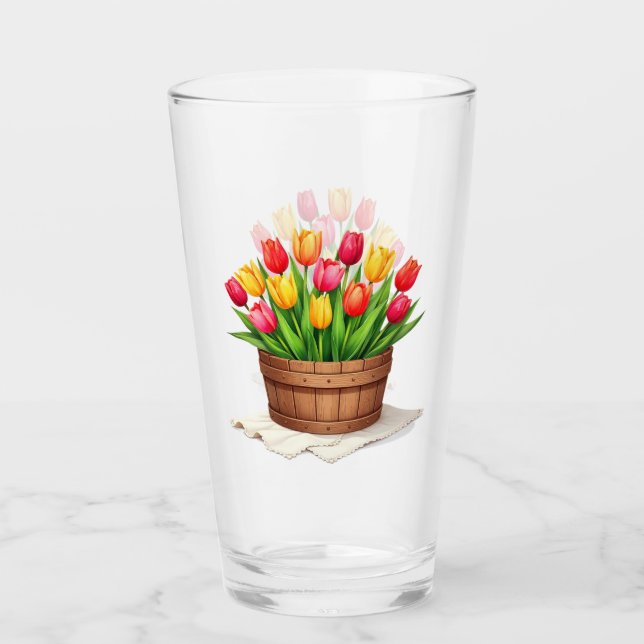 Wooden Basket Filled With Tulips Glass (Front)