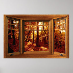 Wooden Bay Window Illusion - Autumn View Poster