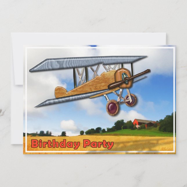 Wooden Biplane Over Fields Birthday Invitation (Front)