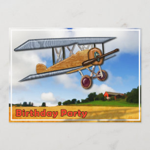 Wooden Biplane Over Fields Birthday Invitation
