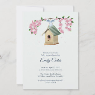 Wooden Birdhouse and Blossoms Baby Shower Invitation