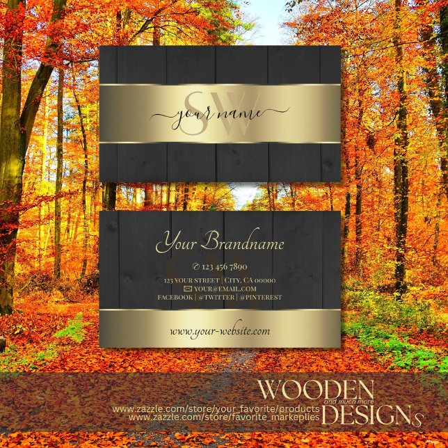 Wooden Boards Black Wood Grain Initials Gold Decor Business Card (Creator Uploaded)