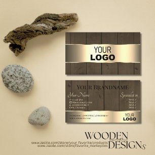 Wooden Boards Brown Wood Grain Logo Gold Border Business Card