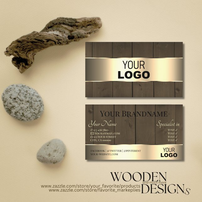 Wooden Boards Brown Wood Grain Logo Gold Decor Business Card (Creator Uploaded)