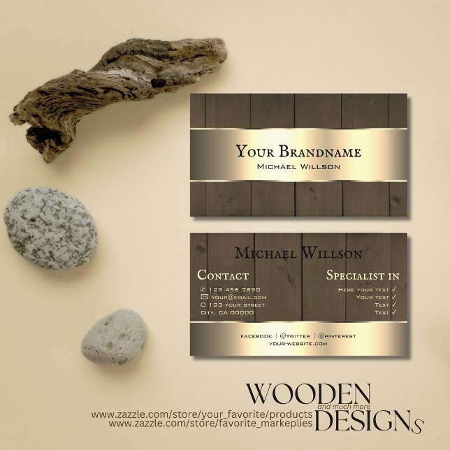 Wooden Boards Dark Brown Wood Grain Gold Decor Business Card (Creator Uploaded)