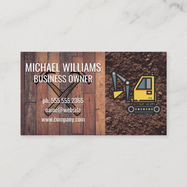Wooden Boards Dirt | Excavator and Tools Business Card (Front)