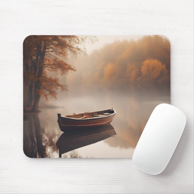 Wooden Boat On Autumn Lake Mouse Mat (With Mouse)