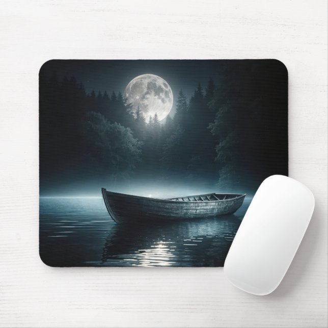 Wooden Boat On Moonlit Lake Mouse Mat (With Mouse)
