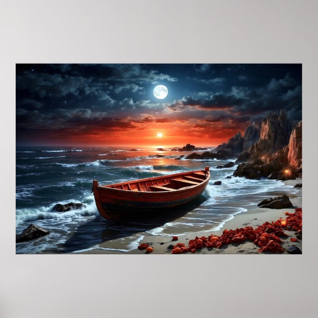 Wooden boat on seashore poster (Front)