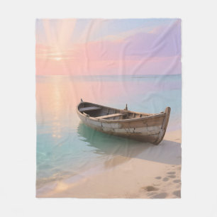 Wooden Boat Tropical Sunset Beach Fleece Blanket