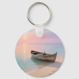 Wooden Boat Tropical Sunset Beach Key Ring