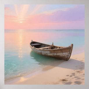 Wooden Boat Tropical Sunset Beach Poster