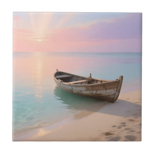 Wooden Boat Tropical Sunset Beach Tile
