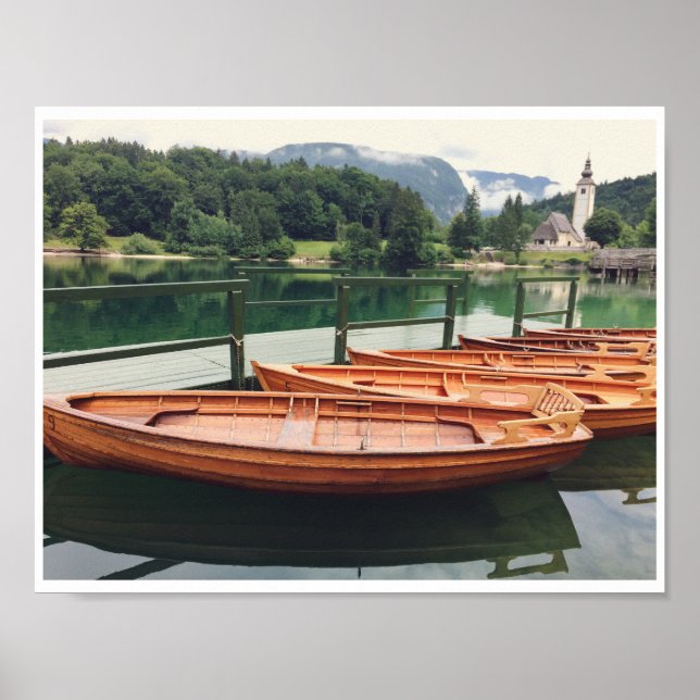 Wooden Boats Slovenia Scenic Lake Mist Photography Poster (Front)