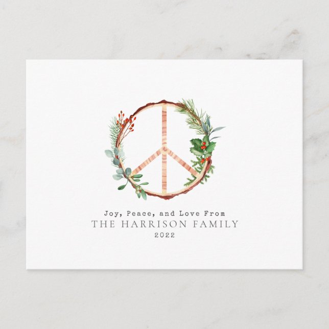 Wooden Botanical Peace Sign Love Joy Christmas Holiday Postcard (Front)