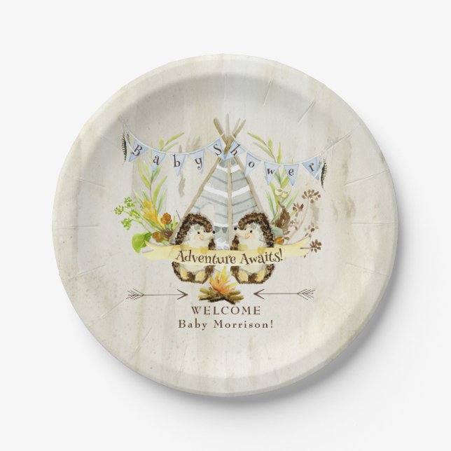 Wooden Boy Baby Shower Hedgehog Adventure Awaits Paper Plate (Front)