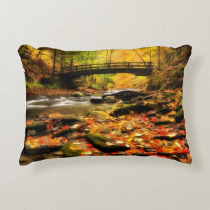Wooden Bridge and Creek in Fall Decorative Cushion
