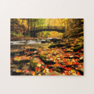 Wooden Bridge and Creek in Fall Jigsaw Puzzle