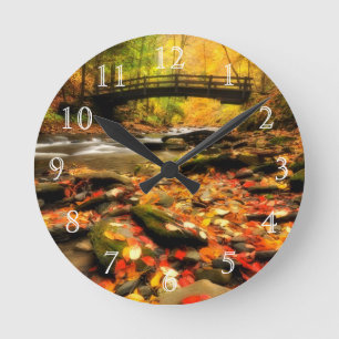 Wooden Bridge and Creek in Fall Round Clock