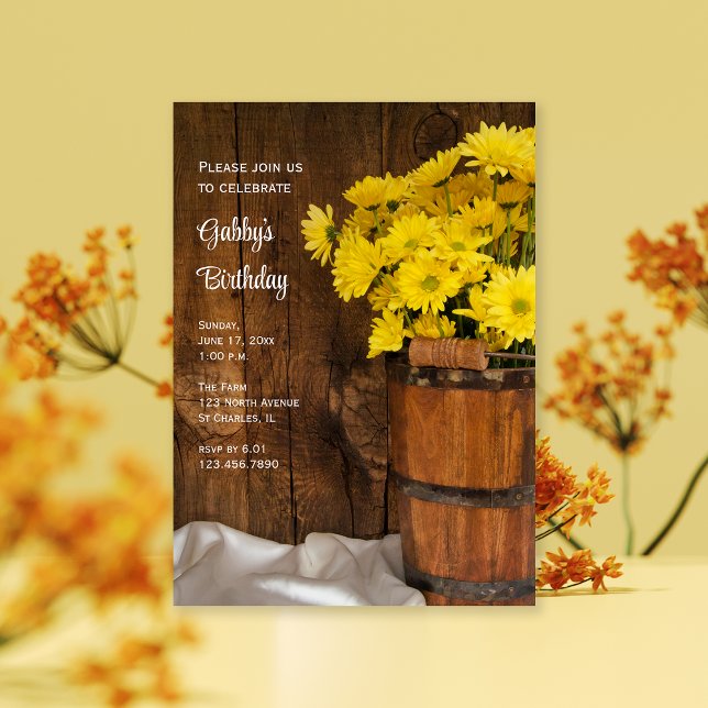 Wooden Bucket and Daisies Barn Birthday Party Invitation (Creator Uploaded)