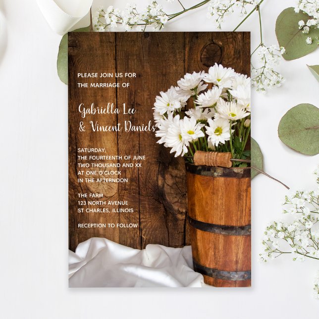Wooden Bucket and White Daisies Barn Wedding Invitation (Creator Uploaded)