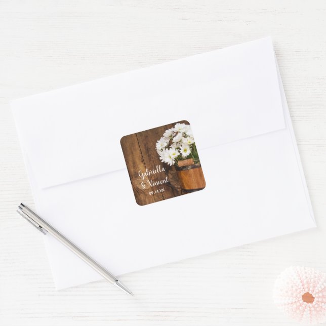 Wooden Bucket and White Daisies Country Wedding Square Sticker (Envelope)