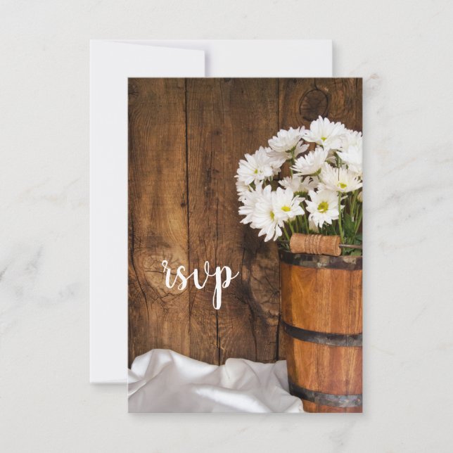Wooden Bucket of White Daisies Barn Wedding RSVP (Front)