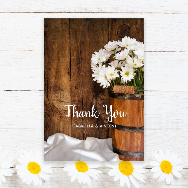 Wooden Bucket White Daisies Barn Wedding Thank You Card (Creator Uploaded)