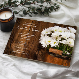 Wooden Bucket White Daisies Country Barn Wedding Invitation