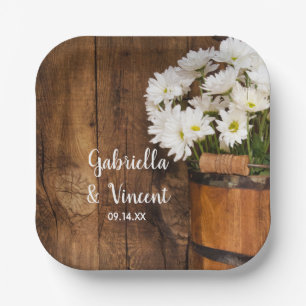 Wooden Bucket White Daisies Country Barn Wedding Paper Plate