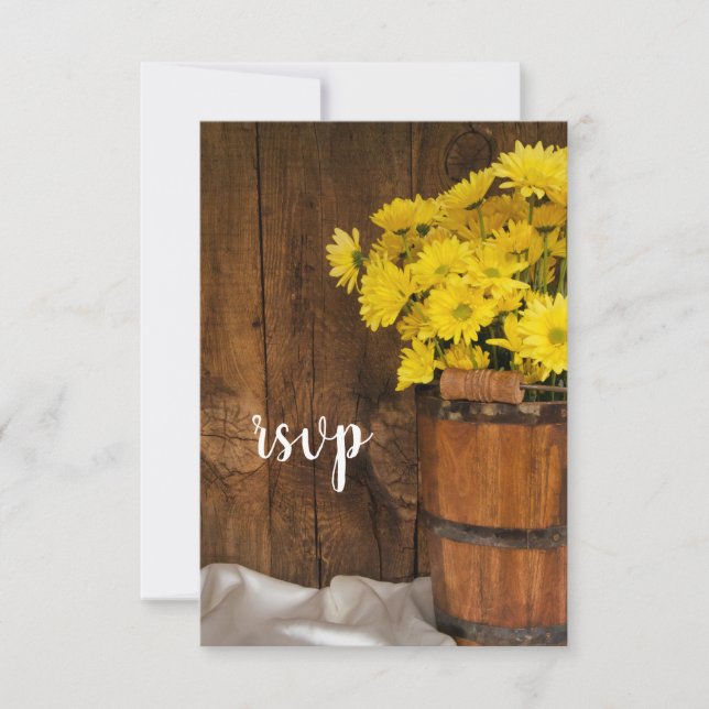 Wooden Bucket Yellow Daisies Country Wedding RSVP (Front)