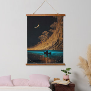 Wooden canoe and crescent moon, bright blue water hanging tapestry