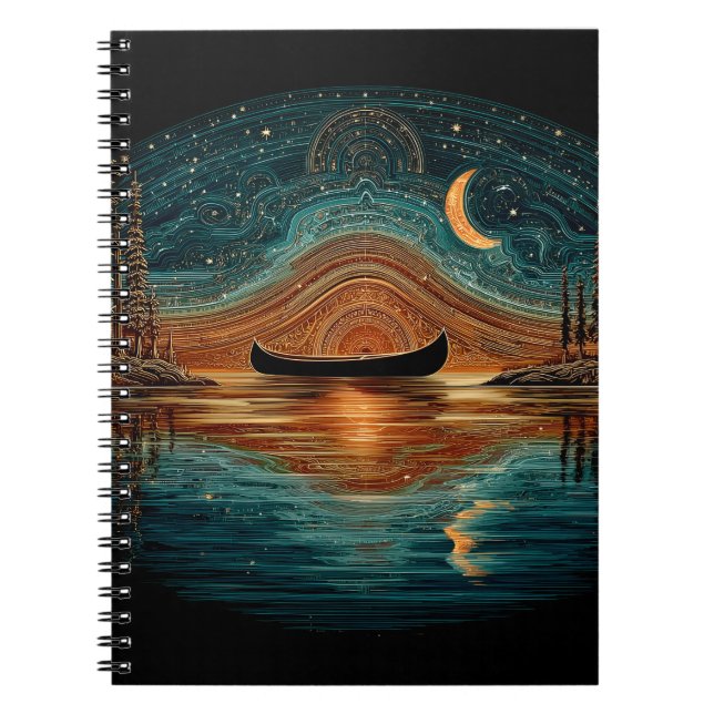 Wooden canoe and crescent moon in the North Woods Notebook (Front)