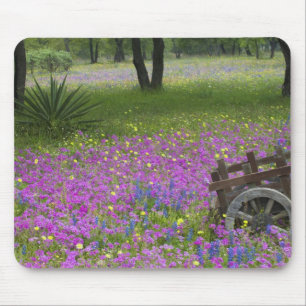Wooden Cart in field of Phlox, Blue Bonnets Mouse Mat