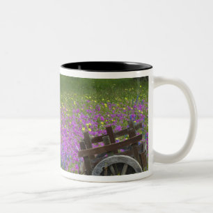 Wooden Cart in field of Phlox, Blue Bonnets Two-Tone Coffee Mug