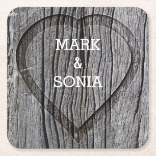 Wooden carved heart wedding square paper coaster
