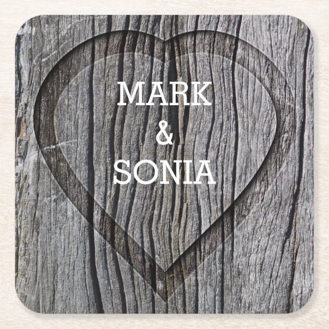 Wooden carved heart wedding square paper coaster (Front)