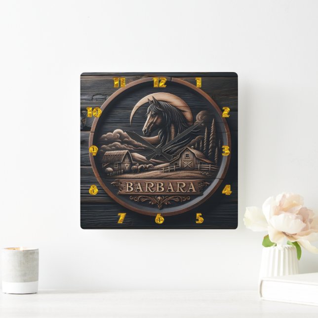 Wooden Carving Featuring Horse and Barn Landscape Square Wall Clock (Home)