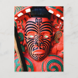 Wooden Carving of a Maori Warrior, New Zealand Postcard